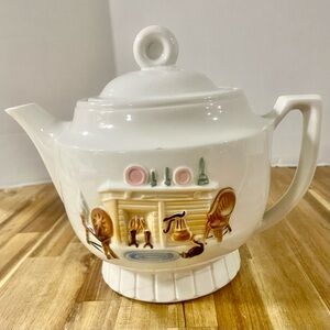 Vintage 1940’s Porceleir Vitreous Tea Pot Raised Hearth Fire Place Scene Cottage